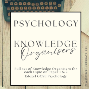 GCSE Psychology Knowledge Organisers bundle cover featuring a clean, modern layout with topic headings for Paper 1 and Paper 2. Designed for Edexcel students and teachers.