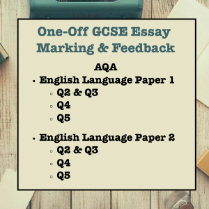 Text on a wooden background for one-off GCSE essay marking and feedback service for English Language with examiner-style guidance and 48-hour turnaround.