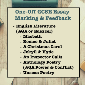 Text on a wooden background for one-off GCSE essay marking and feedback service for English Literature with examiner-style guidance and 48-hour turnaround.