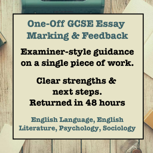 Text on a wooden background for one-off GCSE essay marking and feedback service for English Language, English Literature, Sociology and Psychology with examiner-style guidance and 48-hour turnaround.