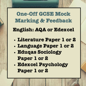 Text on a wooden background for one-off GCSE mock marking and feedback service for English Language, English Literature, Sociology and Psychology with examiner-style guidance and 48-hour turnaround.