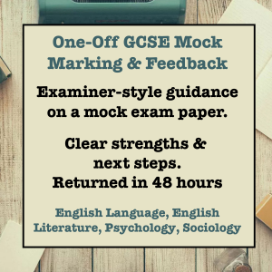 Text on a wooden background for one-off GCSE mock exam marking and feedback service for English Language, English Literature, Sociology and Psychology with examiner-style guidance and 48-hour turnaround.