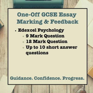 Text on a wooden background for one-off GCSE essay marking and feedback service for Psychology with examiner-style guidance and 48-hour turnaround.