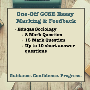 Text on a wooden background for one-off GCSE essay marking and feedback service for Sociology with examiner-style guidance and 48-hour turnaround.