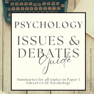psychology revision guide cover featuring a vintage turquoise typewriter on a wooden desk with the title ‘Psychology Issues & Debates Guide – Summaries for all topics in Paper 1 Edexcel GCSE Psychology’ in a clean, modern font.