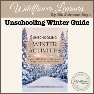 Cover of the Winter Unschooling Activities Guide, featuring a calm winter landscape and child-led, nature-based learning design in soft, neutral tones.